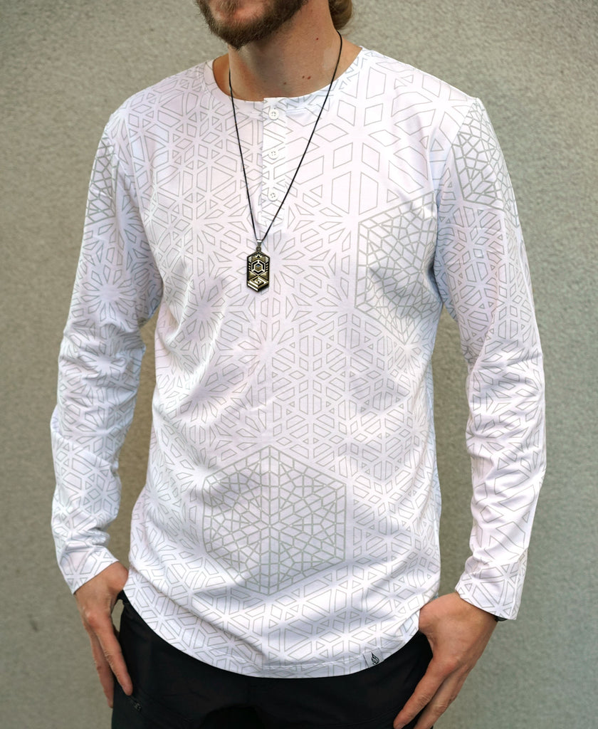 White Hex Henley Screenprint Shirt by Corey Divine