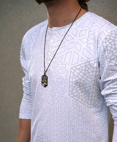 White Hex Henley Screenprint Shirt by Corey Divine