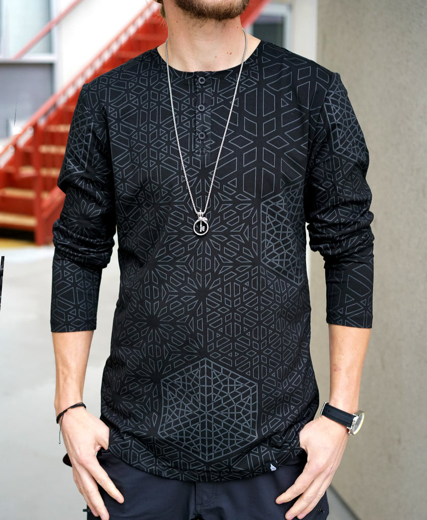 Black Hex Henley Screenprint Shirt by Corey Divine