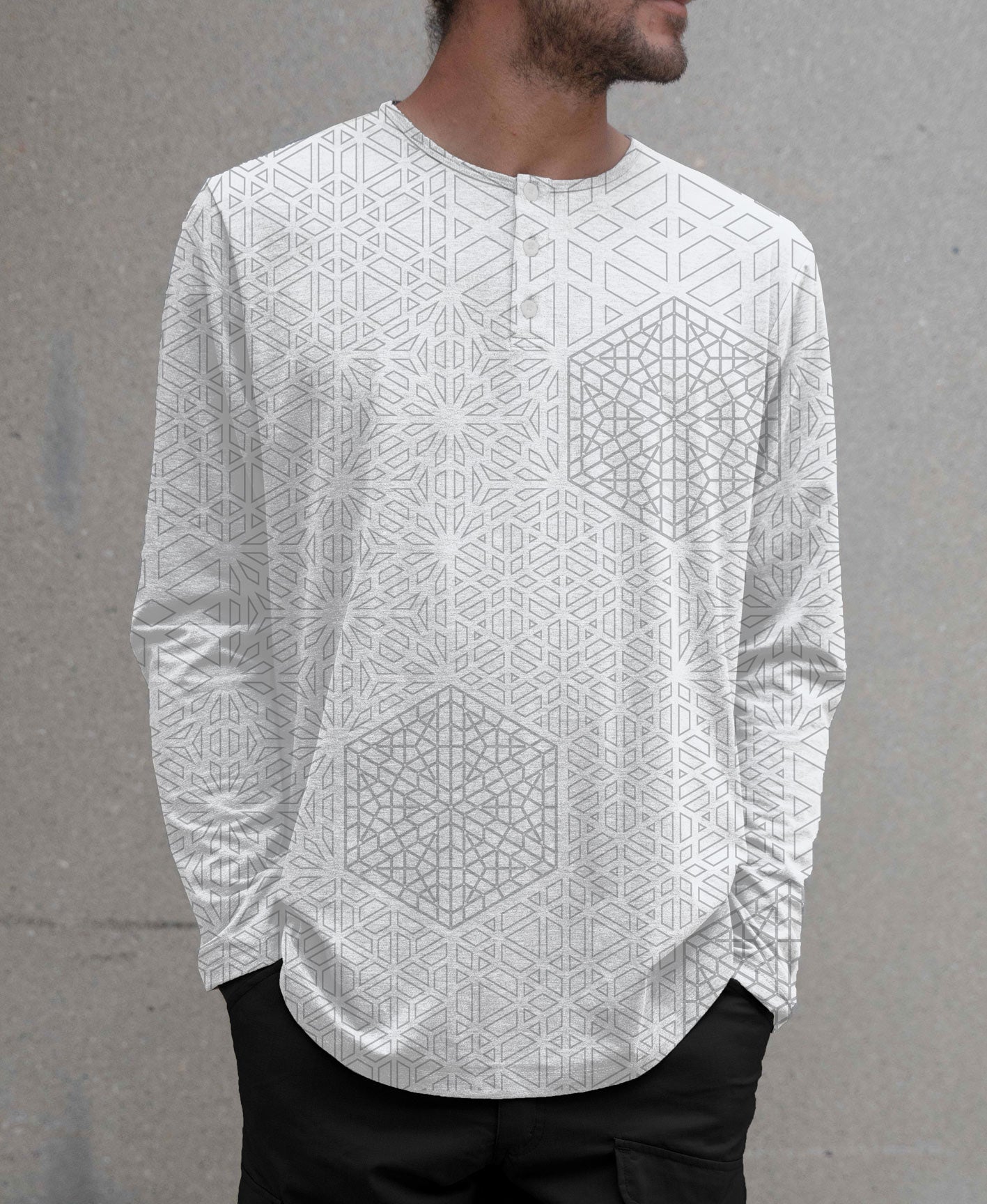 White Hex Henley Screenprint Shirt by Corey Divine - Presale Ships August